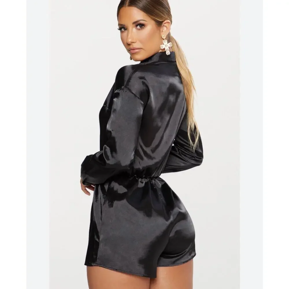 Pretty Little Thing Black Long Sleeve Button up Jumpsuit Women's XS-S - Picture 2 of 11